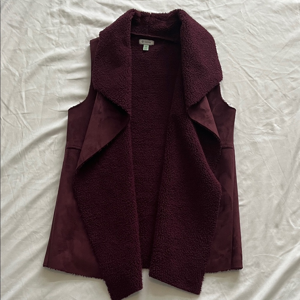 Susina Women’s Vest XS Faux Suede + Shearling Open Front Maroon Waterfall Camp